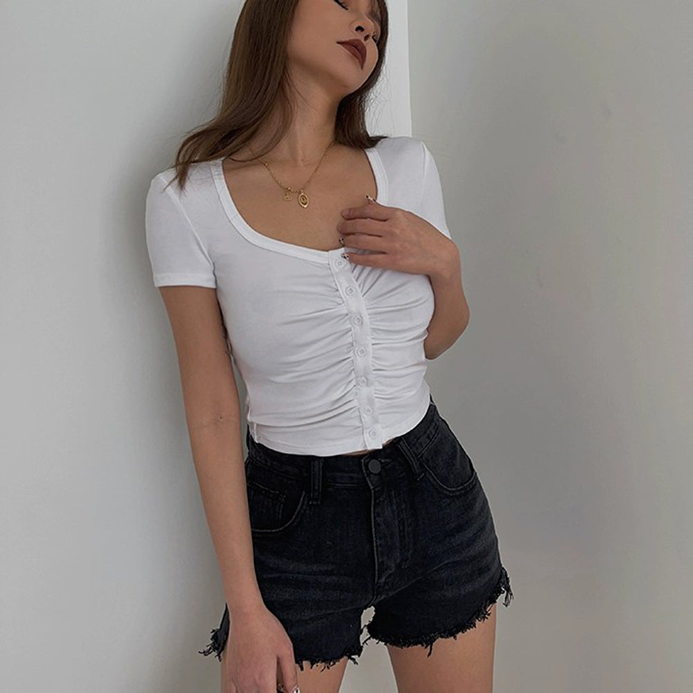 Ruffle Short Sleeve Cardigan Top Tight Solid Shirt Sexy Top AP00091