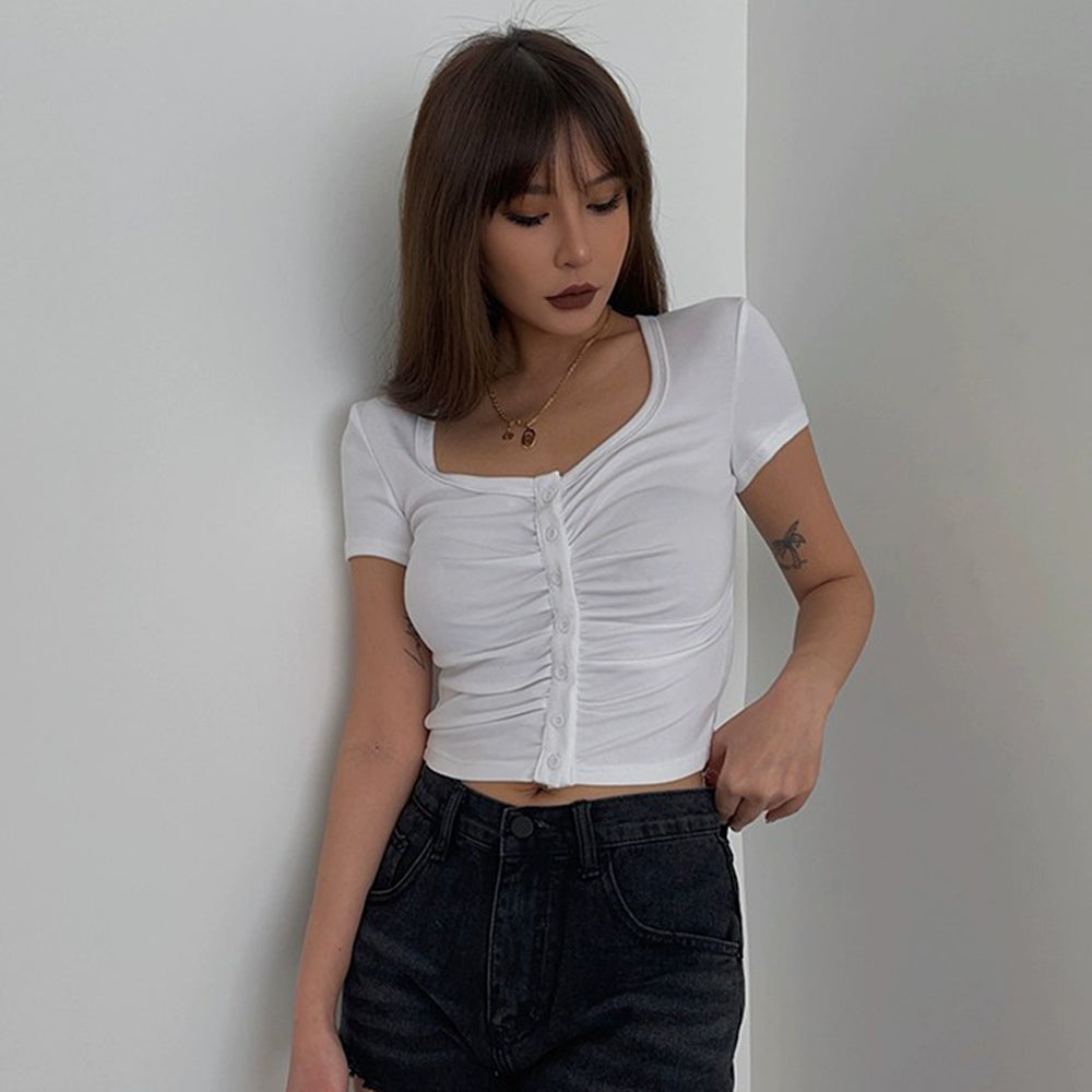 Ruffle Short Sleeve Cardigan Top Tight Solid Shirt Sexy Top AP00091