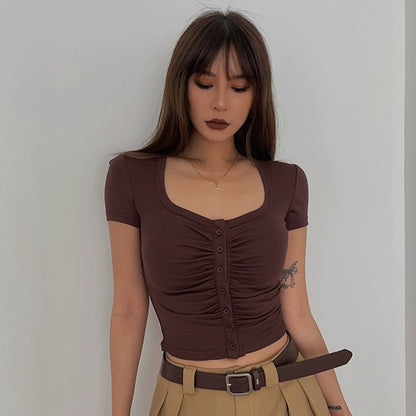 Ruffle Short Sleeve Cardigan Top Tight Solid Shirt Sexy Top AP00091