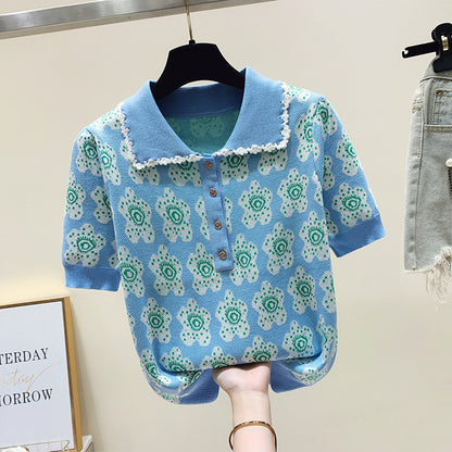 Casual Polo Collar Pullover Printed Knitwear Short Sleeve Loose Top Spring Korean Fashion Women's Clothing AP000177