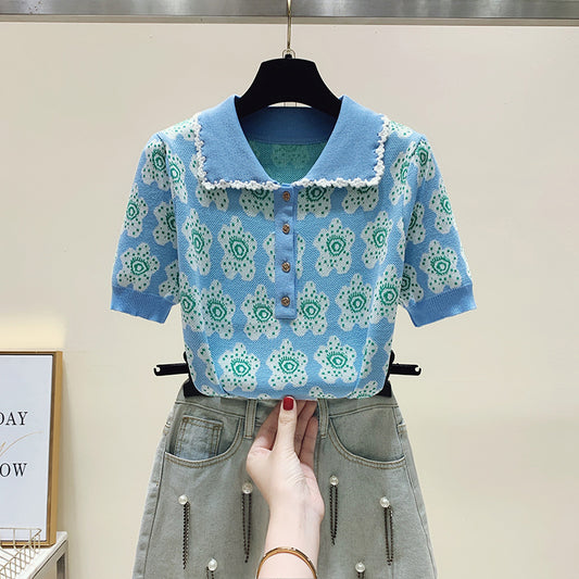 Casual Polo Collar Pullover Printed Knitwear Short Sleeve Loose Top Spring Korean Fashion Women's Clothing AP000177