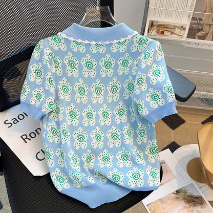 Casual Polo Collar Pullover Printed Knitwear Short Sleeve Loose Top Spring Korean Fashion Women's Clothing AP000177