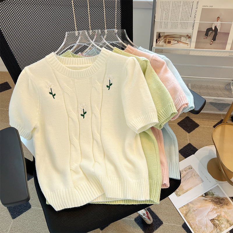 Handmade Embroidered Short Sleeved Sweater Pullover With Round Neck, Artistic Retro French Romantic Knit Top, Women Autumn AP000178