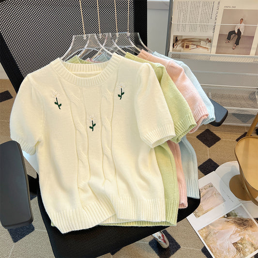 Handmade Embroidered Short Sleeved Sweater Pullover With Round Neck, Artistic Retro French Romantic Knit Top, Women Autumn AP000178