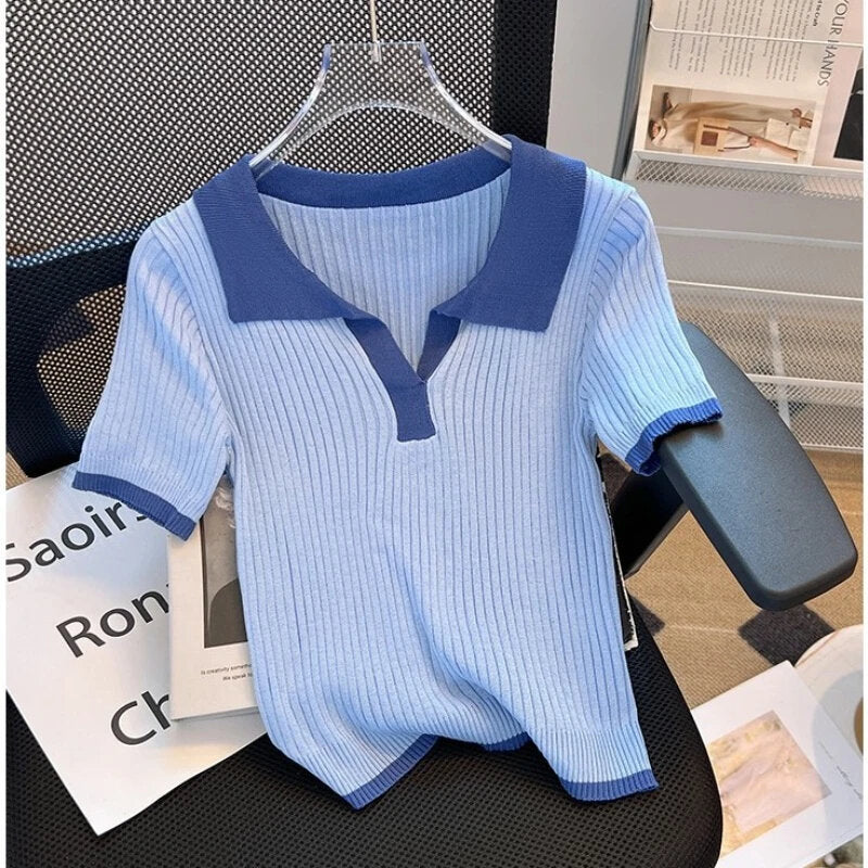 Contrast Color French Vintage Polo Collar Ice Silk Short Sleeve Knitted Top Slim Korean Sweater Pullover AP000175