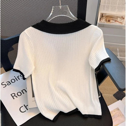Contrast Color French Vintage Polo Collar Ice Silk Short Sleeve Knitted Top Slim Korean Sweater Pullover AP000175