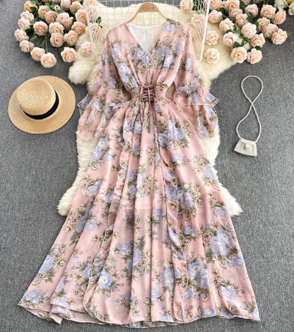 Temperament V-neck Slim Printed Chiffon Short Sleeved Dress AP00070