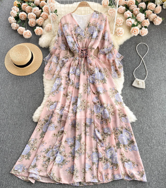 Temperament V-neck Slim Printed Chiffon Short Sleeved Dress AP00070