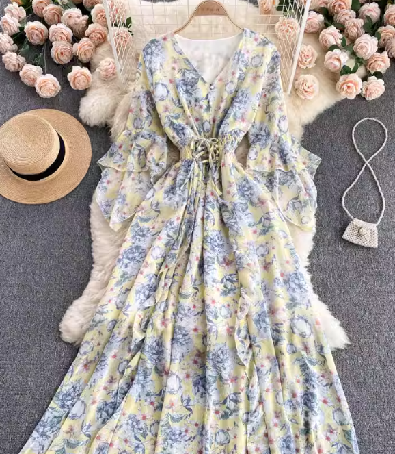 Temperament V-neck Slim Printed Chiffon Short Sleeved Dress AP00070