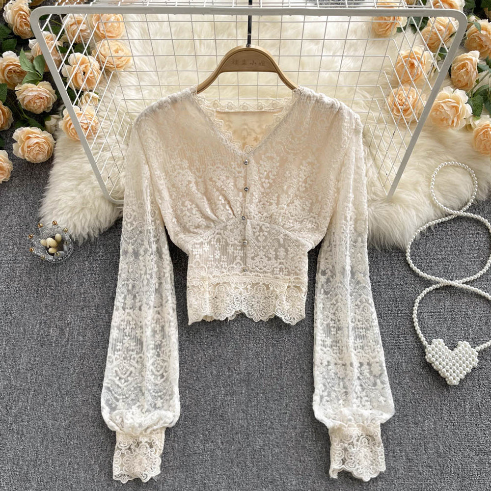 V-neck Lace Long Sleeve Shirt AP00024