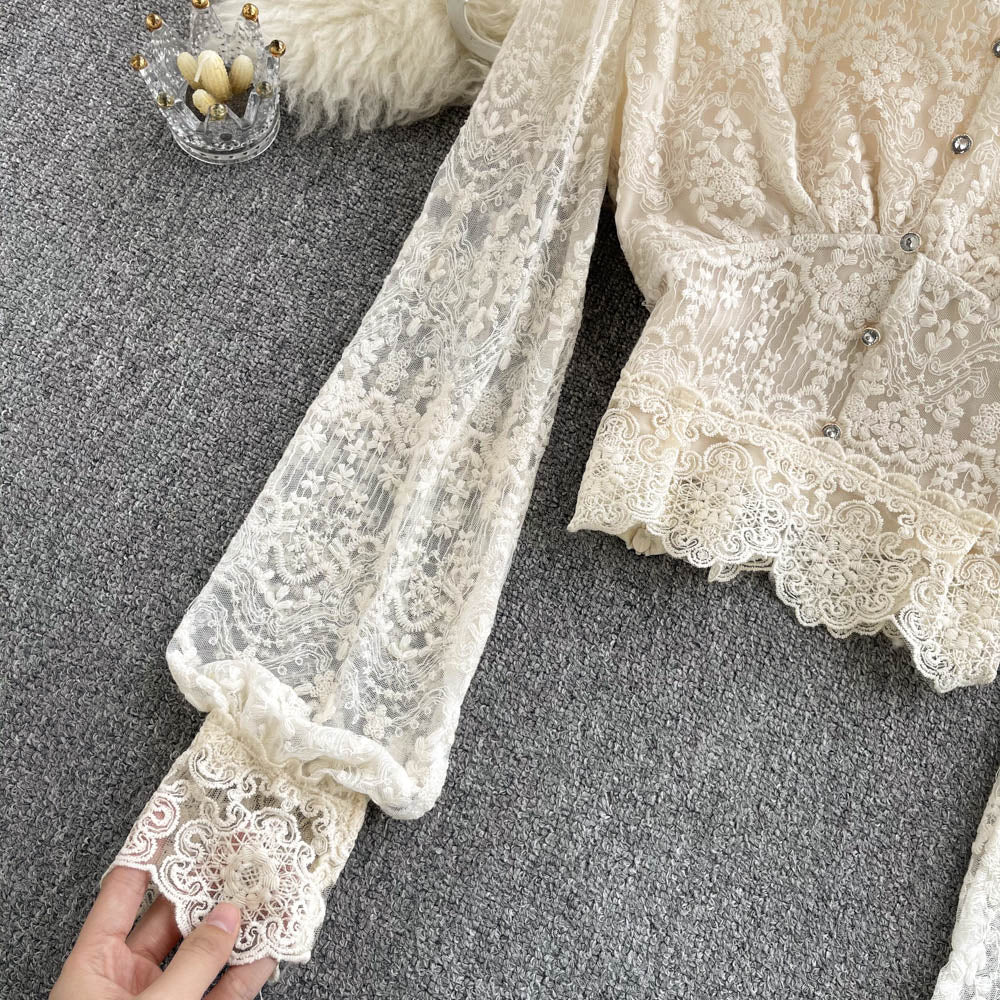 V-neck Lace Long Sleeve Shirt AP00024