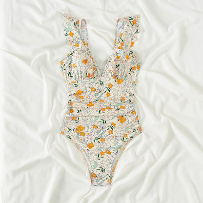 Retro Printed One Piece Swimsuit For Women With Sexy Fly Edge Deep V-shaped One-piece Summer Swimsuit AP00055