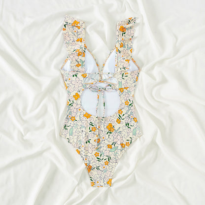 Retro Printed One Piece Swimsuit For Women With Sexy Fly Edge Deep V-shaped One-piece Summer Swimsuit AP00055