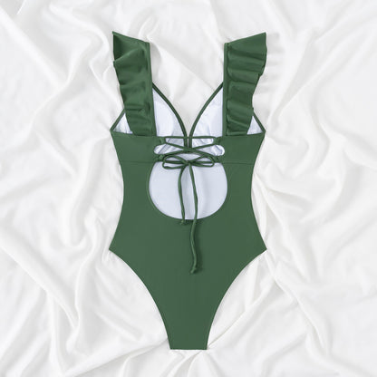 Retro Printed One Piece Swimsuit For Women With Sexy Fly Edge Deep V-shaped One-piece Summer Swimsuit AP00055