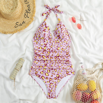 One Piece Swimsuit Conservative Leopard Print Hanging Neck Red Backless AP00057