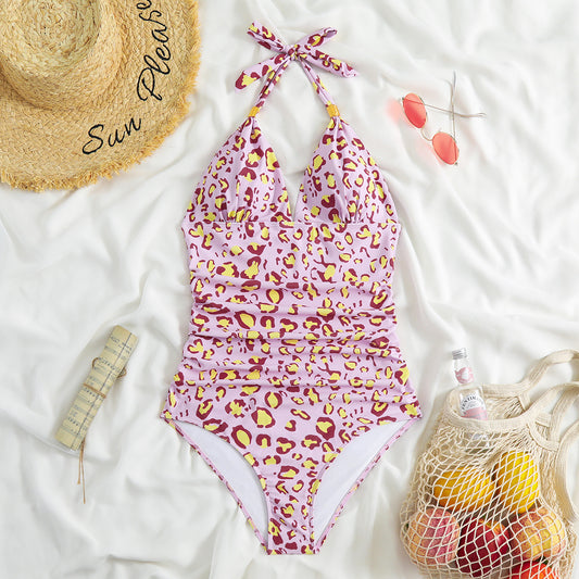 One Piece Swimsuit Conservative Leopard Print Hanging Neck Red Backless AP00057