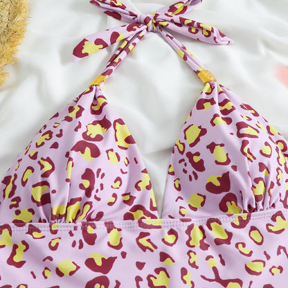 One Piece Swimsuit Conservative Leopard Print Hanging Neck Red Backless AP00057