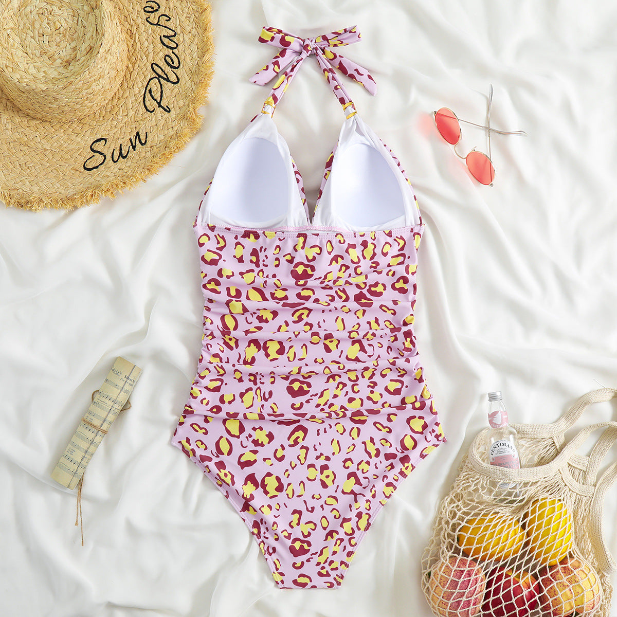 One Piece Swimsuit Conservative Leopard Print Hanging Neck Red Backless AP00057