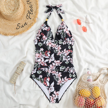 One Piece Swimsuit Conservative Leopard Print Hanging Neck Red Backless AP00057