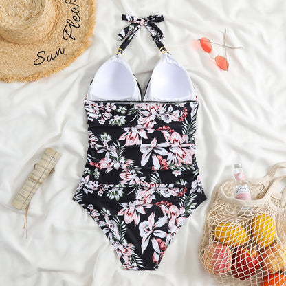 One Piece Swimsuit Conservative Leopard Print Hanging Neck Red Backless AP00057