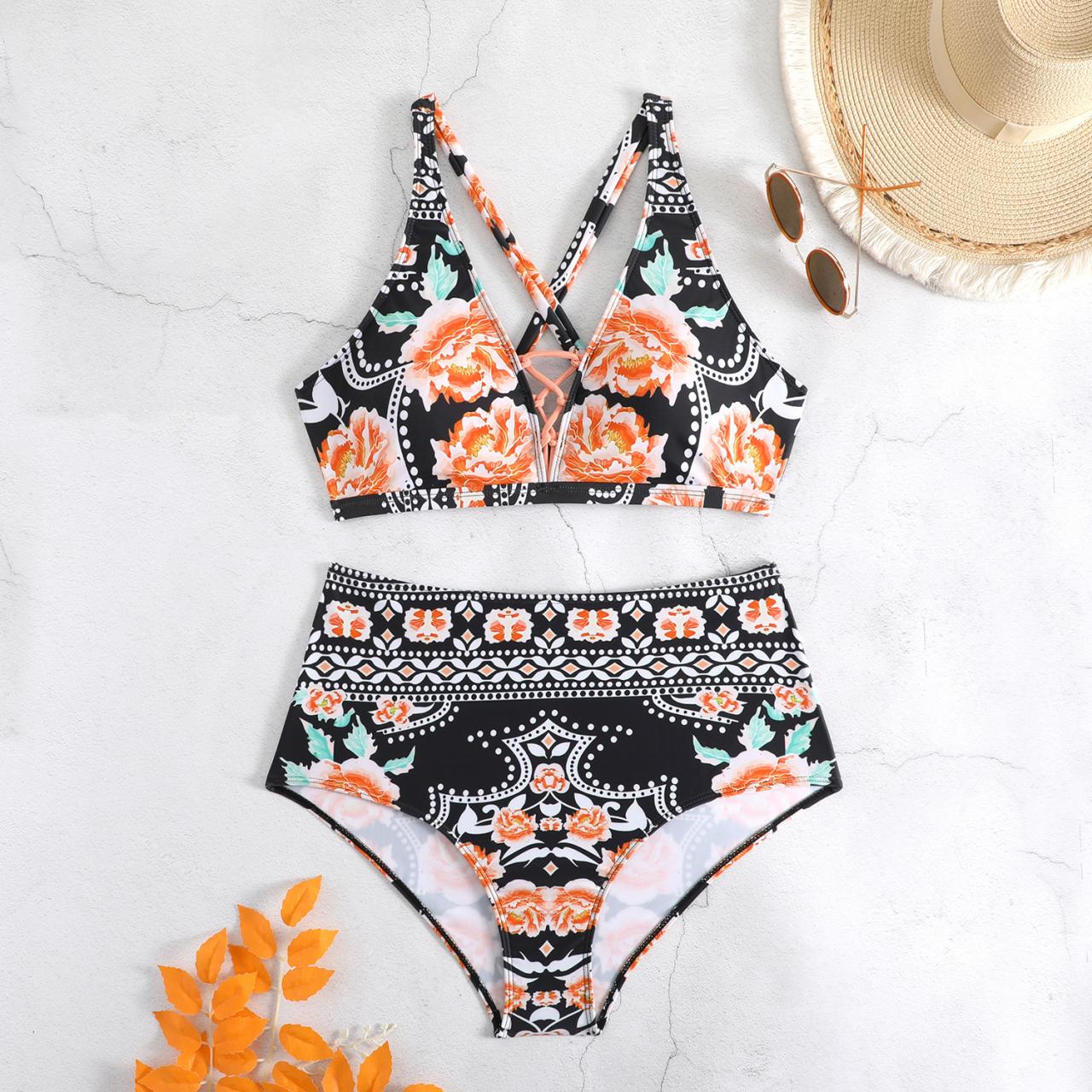 Large-sized Bikini Swimsuit Women's Split Print High Waist Strap Swimsuit AP000125