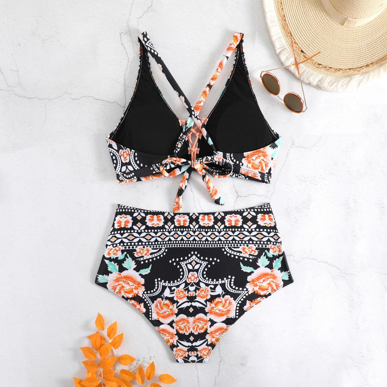 Large-sized Bikini Swimsuit Women's Split Print High Waist Strap Swimsuit AP000125