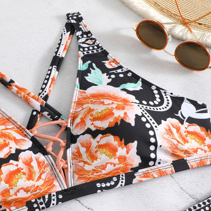 Large-sized Bikini Swimsuit Women's Split Print High Waist Strap Swimsuit AP000125