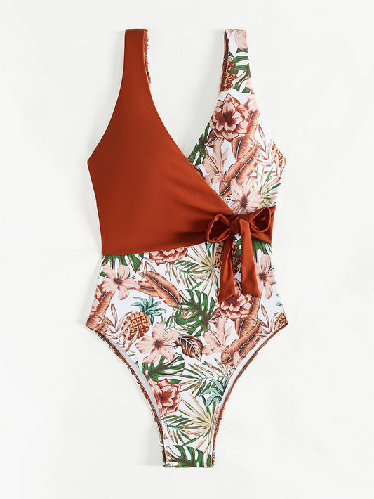 Tropical Plant Print Color Blocking Bikini Jumpsuit AP00056