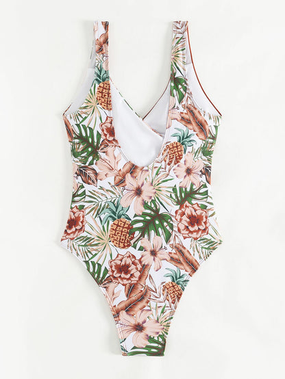 Tropical Plant Print Color Blocking Bikini Jumpsuit AP00056