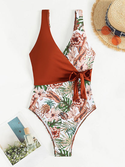 Tropical Plant Print Color Blocking Bikini Jumpsuit AP00056