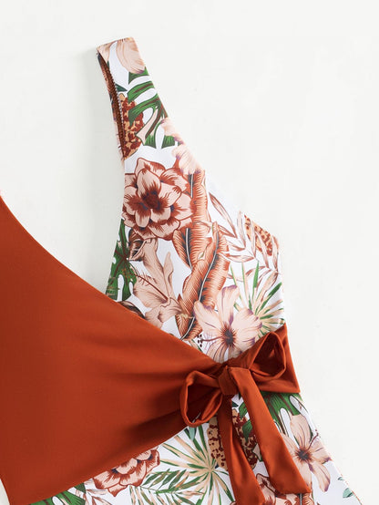 Tropical Plant Print Color Blocking Bikini Jumpsuit AP00056