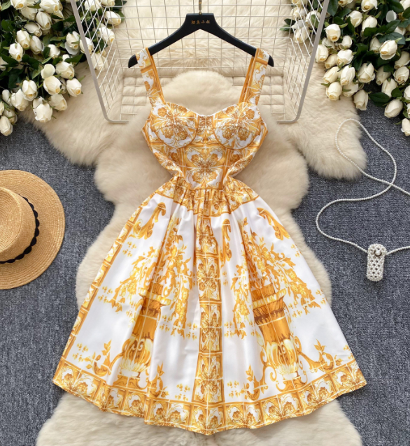 Cute Floral Print Sleeveless Dress With Pleated Skirt AP00086