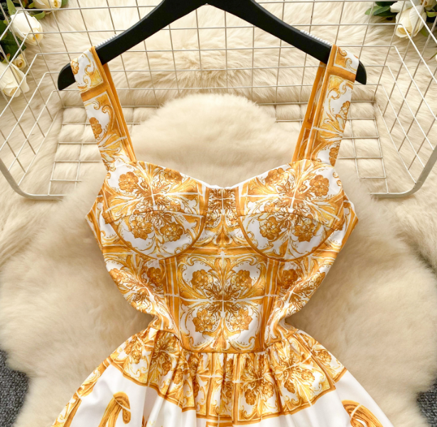 Cute Floral Print Sleeveless Dress With Pleated Skirt AP00086