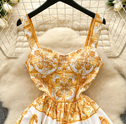 Cute Floral Print Sleeveless Dress With Pleated Skirt AP00086