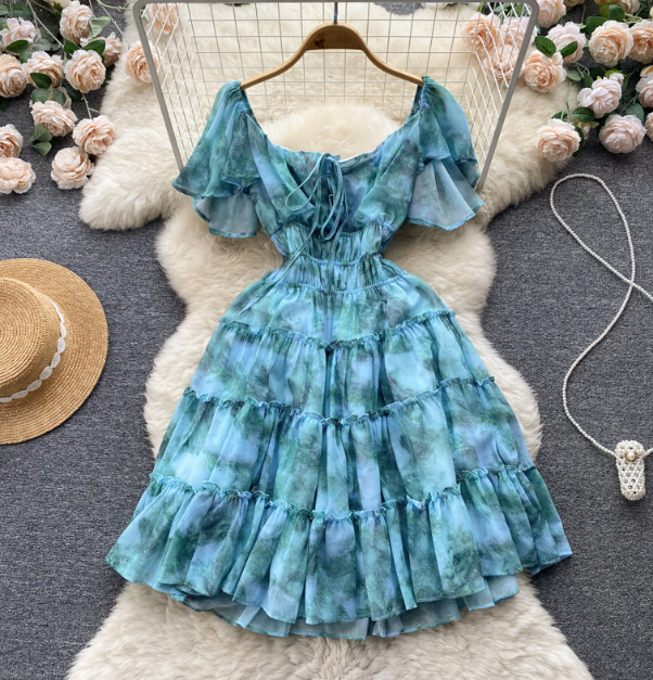 Design Short Sleeves Printed High Waist Dress AP00204