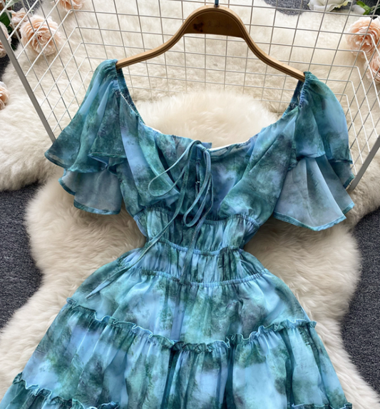 Design Short Sleeves Printed High Waist Dress AP00204