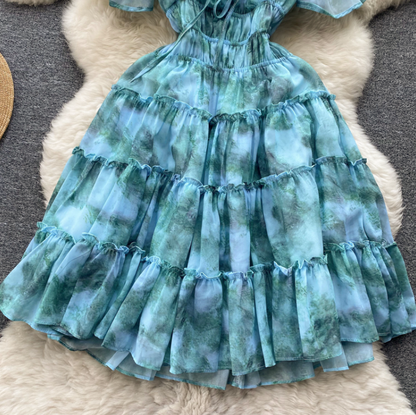 Design Short Sleeves Printed High Waist Dress AP00204