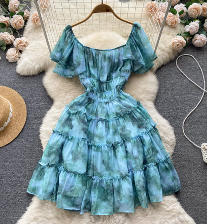 Design Short Sleeves Printed High Waist Dress AP00204