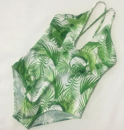 One Piece Back Cross Bikini Green Leaf AP00059