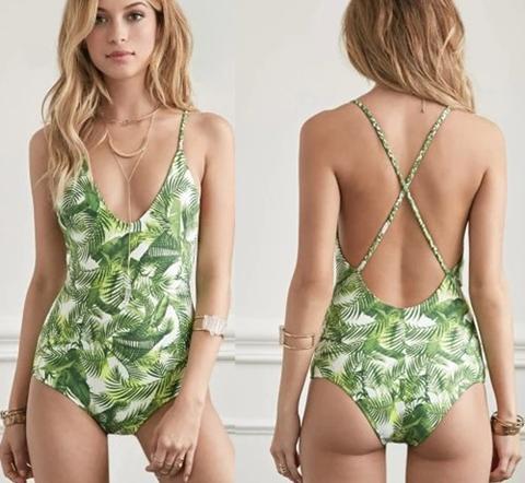 One Piece Back Cross Bikini Green Leaf AP00059