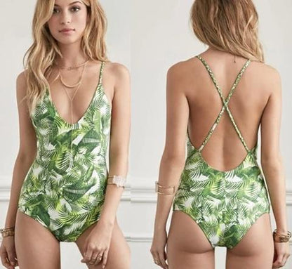 One Piece Back Cross Bikini Green Leaf AP00059