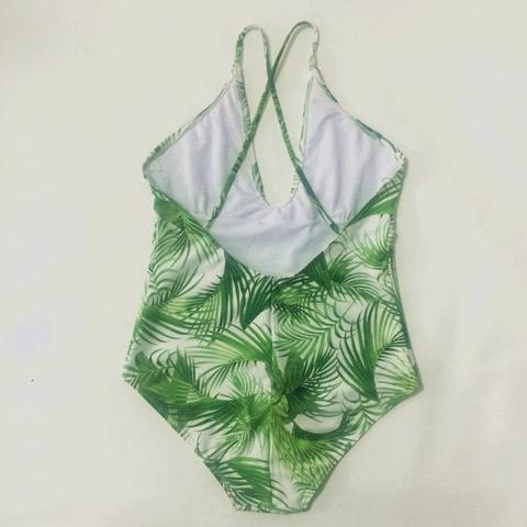 One Piece Back Cross Bikini Green Leaf AP00059