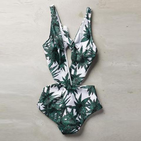 Green Leaf Dark V Show Thin One Piece Bikini AP00042