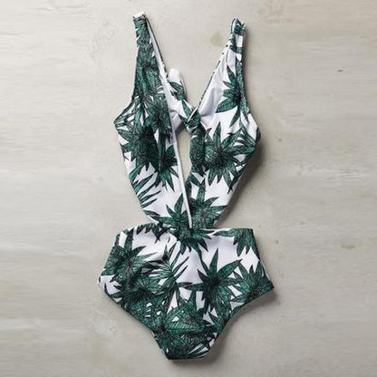 Green Leaf Dark V Show Thin One Piece Bikini AP00042