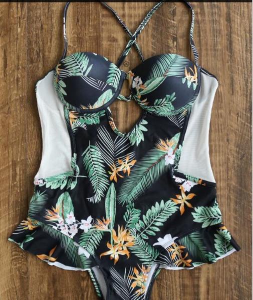 Tropical Peplum One Piece Swimsuit Women Swimsuit Green Leaf Floral Cut Out Monokini Ruffled Bathing Suit Maillot AP00049